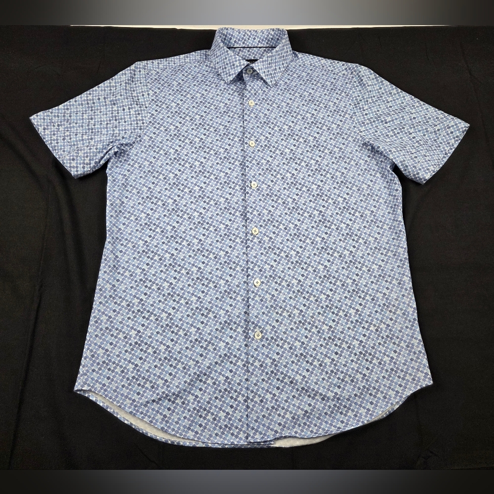 Bugatchi 8 Way Stretch Shirt Mens Medium Blue Short Sleeve Button Up Checkered